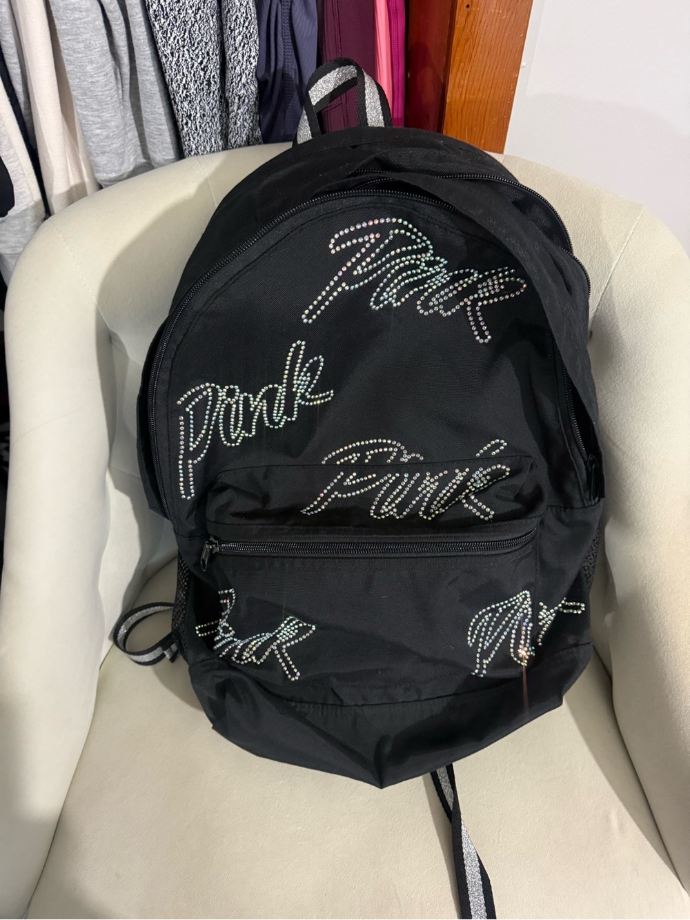 Vintage Y2K PINK Embellished Black Backpack with Rhinestone Script